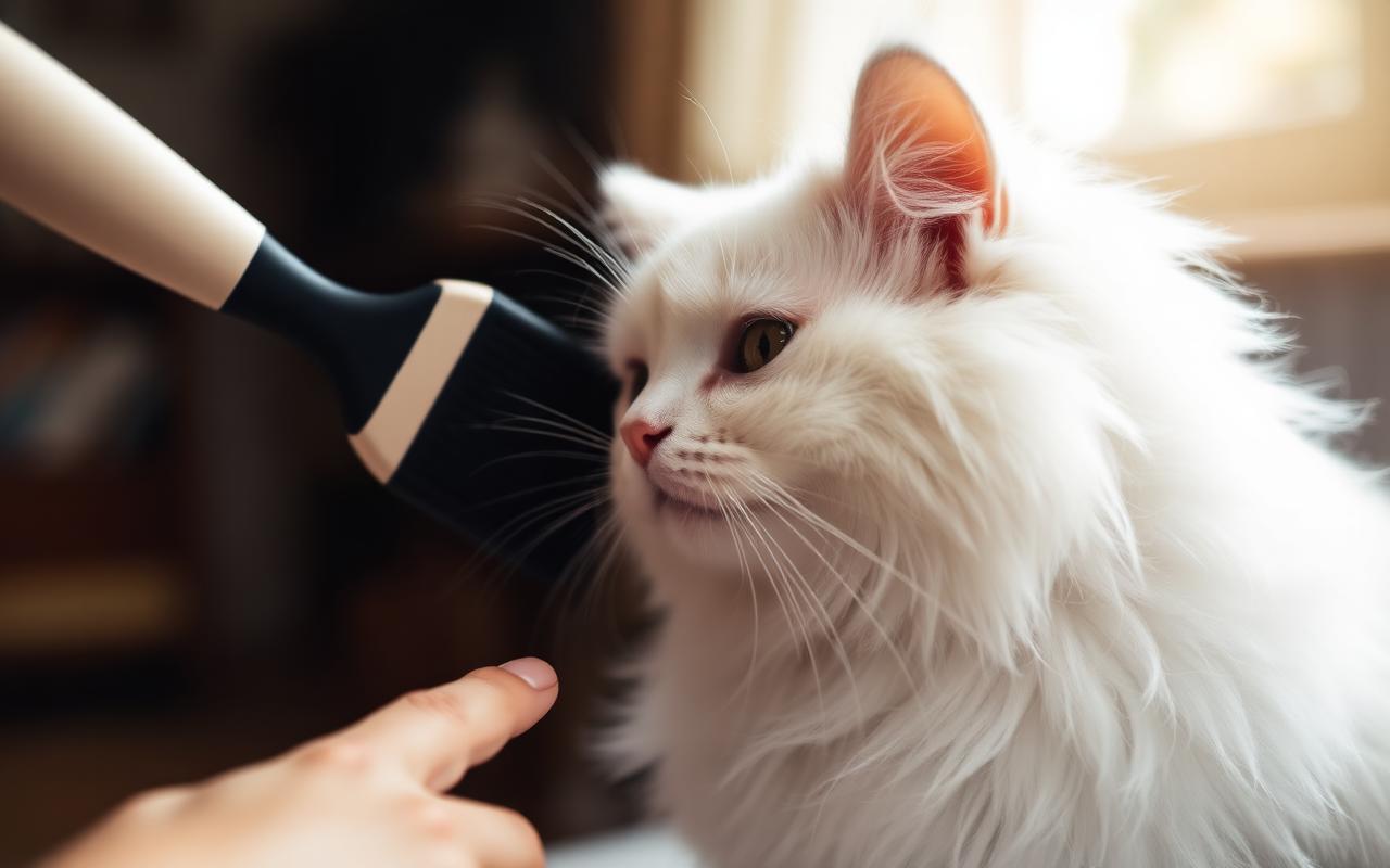 Long-haired white cat being gently brushed