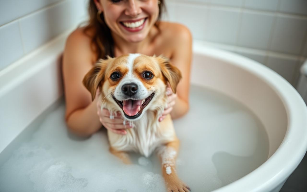 Small dog being gently bathed and held by a smiling owner