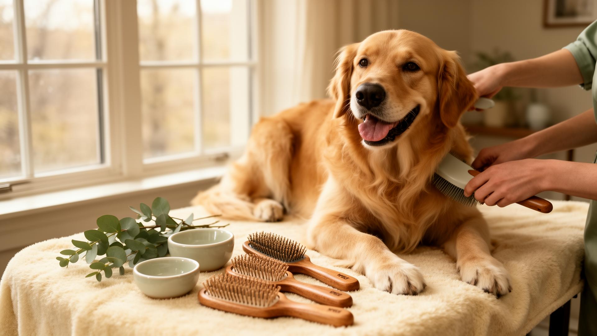A golden retriever being gently brushed on a soft grooming table