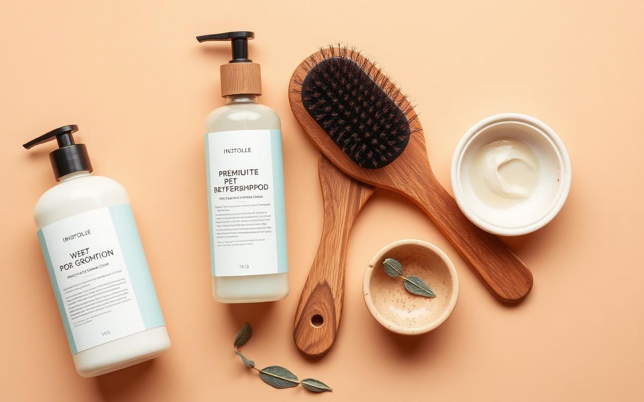 Flat lay of premium pet shampoo bottles and a wooden brush on a warm background